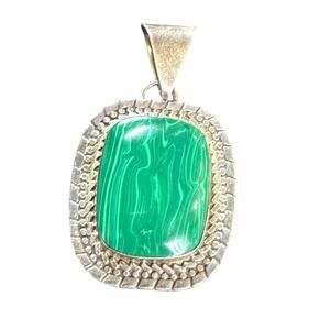 Vtg Green Malachite Stone 925 Sterling Silver Pendant‎ Mexico ATI 2" Rectangle